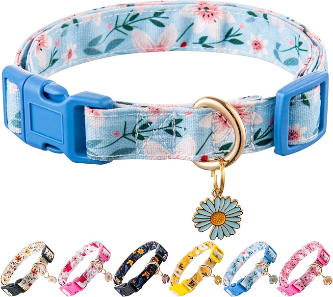Cotton Dog Collar Blue Flower Pattern by Raisingwell