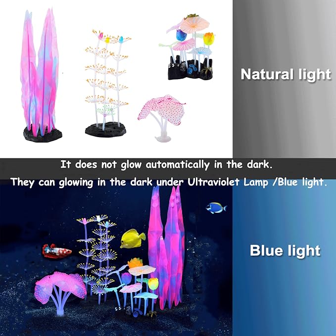 Lpraer 4 Pack Glow Aquarium Decorations Coral Anemone Lotus Leaf Seaweed - Image 3