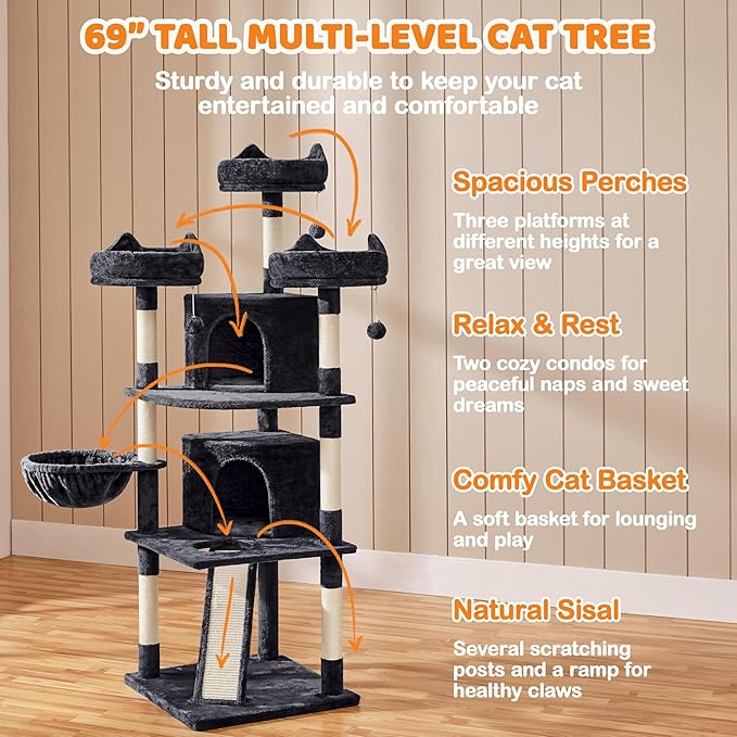 Yaheetech 68.5in Cat Tree for Large Cats, Large Condo, Stable Pet Play House - Image 6