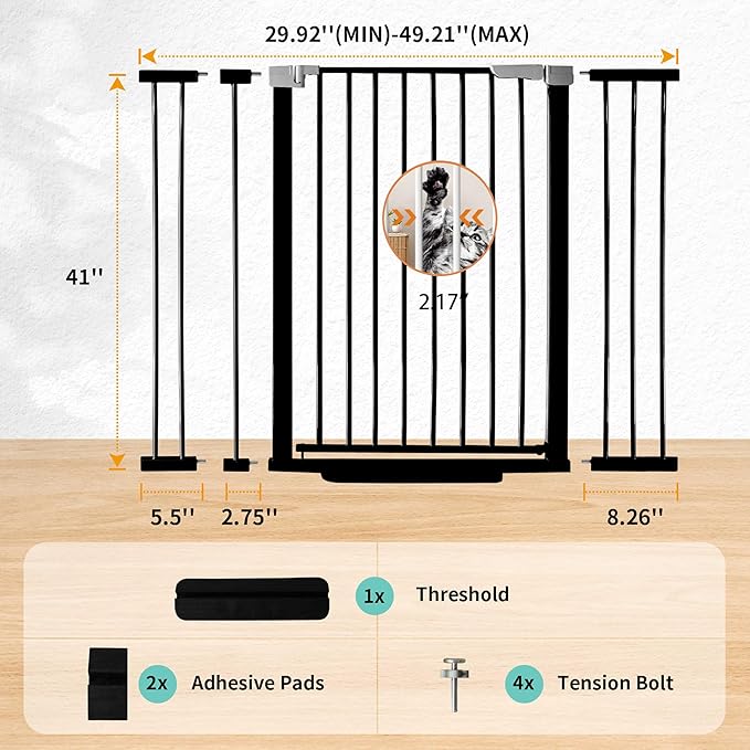 41" Tall Safety Pet Gate, Adjustable 29.92"-49.21" Wide, No Drilling Pressure - Image 2