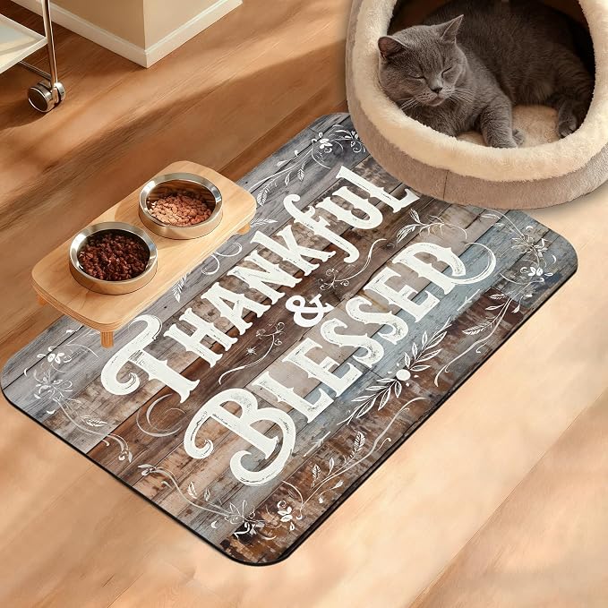Thankful Feeding Mat, Blessed Absorbent Quick-Dry Cat Dog Food and Water Bowl by Unknown