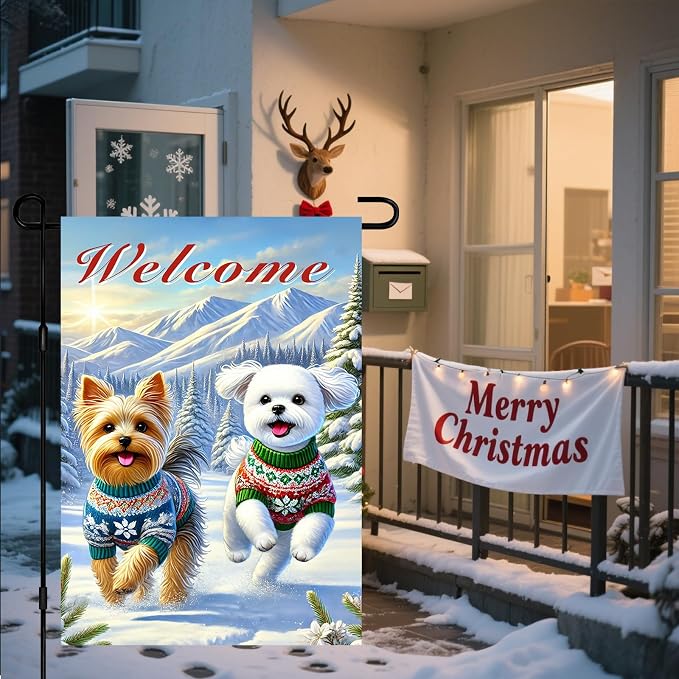 Welcome Winter Garden Flag Two Cheerful Dogs Flag Winter Sweaters 12x18 Inch - Image 6