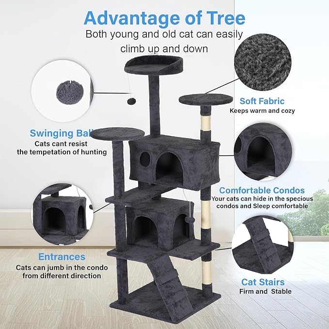 FDW | 62" Cat Tree Tower | Dark Gray | Multi-Level Indoor Activity Center - Image 5