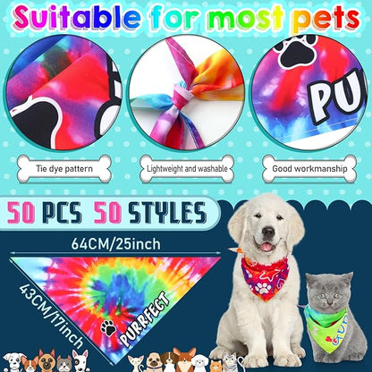 50 Pcs Tie Dye Dog Bandanas Bulk Pet Bibs Colorful Triangle Scarf Tie Dye - Image 2