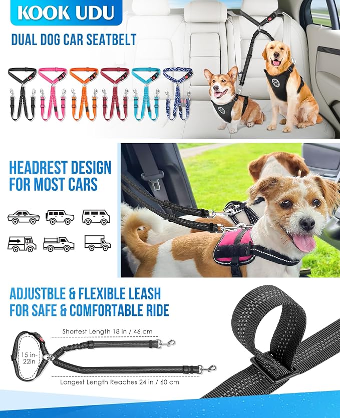 Dog Seat Belt for Car, Dual Pet Vehicle Headrest Restraint Safety Seatbelt - Image 7