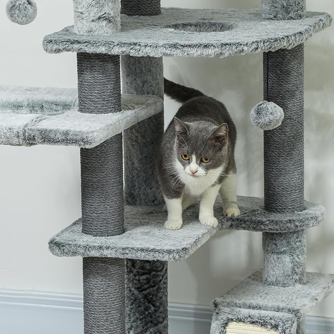 PawHut Floor to Ceiling Cat Tree, Scratching Posts & Ramp - Image 9