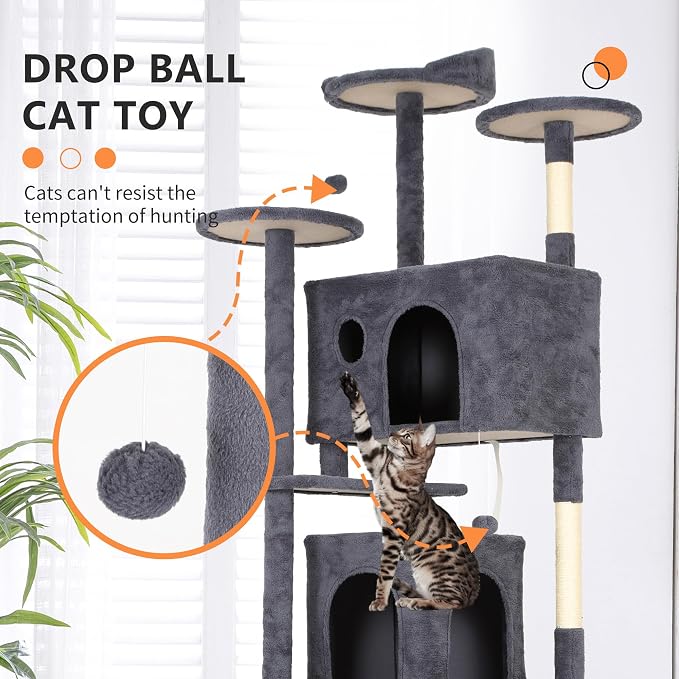 BestPet | 81" Cat Tree Tower | Dark Gray | Sturdy, Hanging Cat Toys, - Image 3