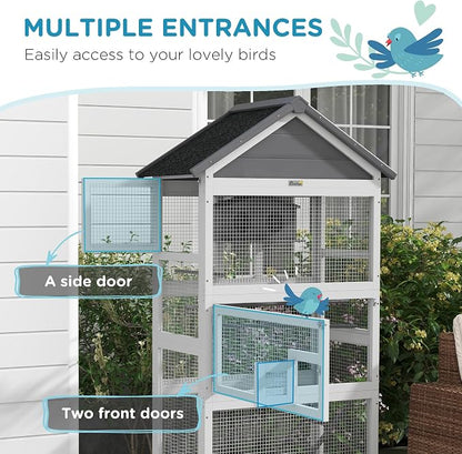 PawHut Wooden Bird Aviary, Three Doors, Perches - Image 4