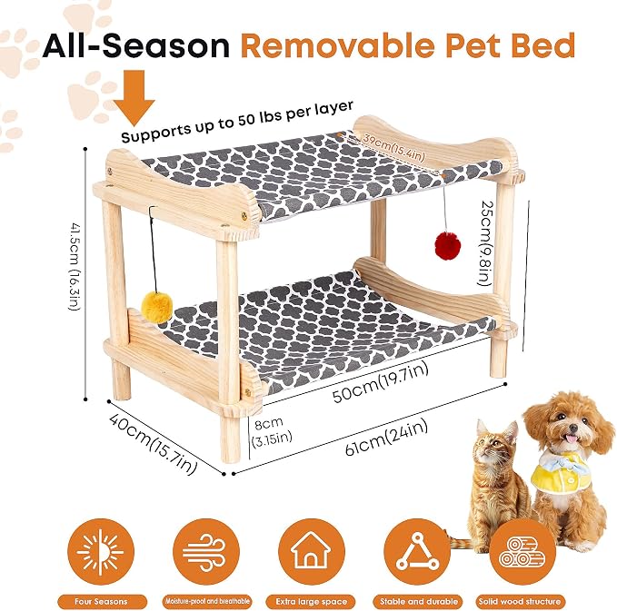 2-Layer Cat Hammock Bed, Breathable Washable Covers, Wooden Pet Furniture - Image 2