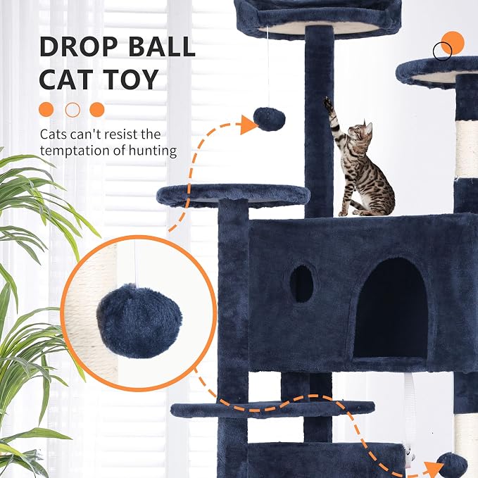 BestPet | 70" Cat Tree Tower | Navy Blue | Sturdy, Hanging Cat Toys, - Image 3