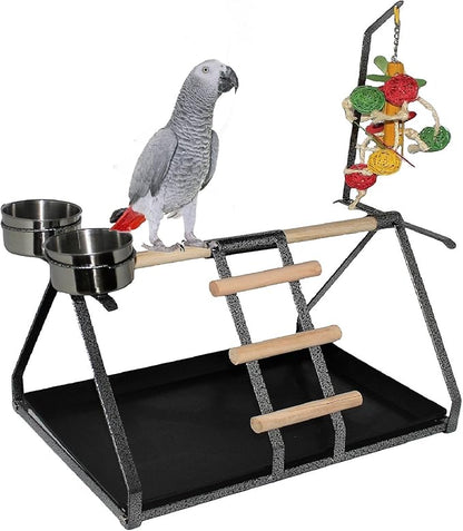 Parrot Bird Perch Table Top Stand Metal Wood 2 Steel Cups Play by FDC