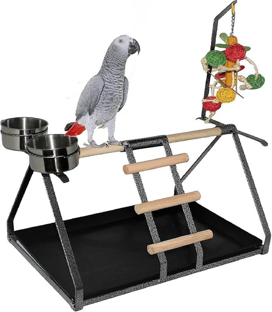 Parrot Bird Perch Table Top Stand Metal Wood 2 Steel Cups Play by FDC