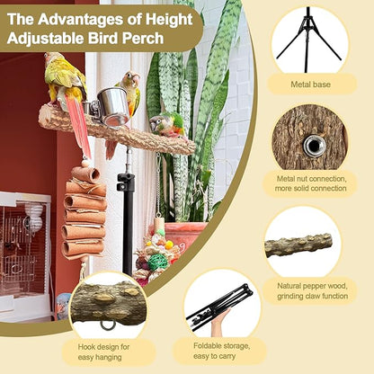 3-Layer 16-63 Inch Height Adjustable Bird Perch Pepper Wood Birds Training - Image 2