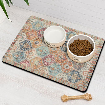 Moroccan Trellis Dog Food & Water Mat, Mexican Talavera Boho Colorful Pet by Stunnoosy