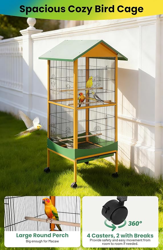 Garvee Bird Cage, w/Removeble Tray, Waterproof Roof, Lockable Caster, Indoor& - Image 5