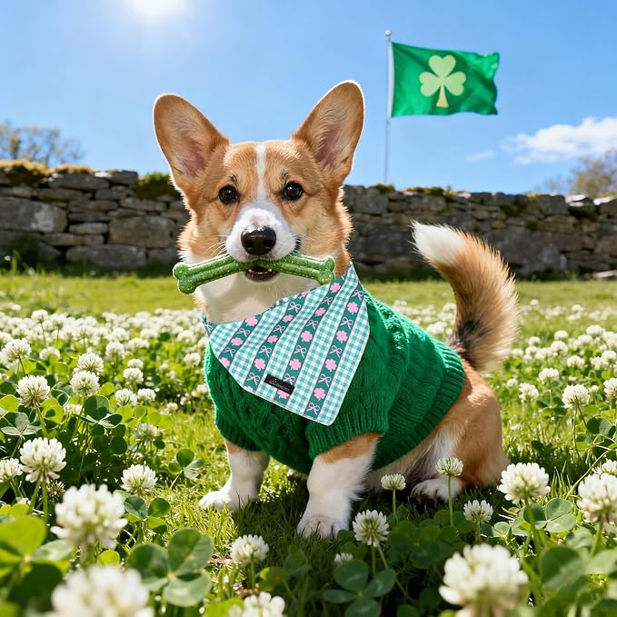 ARING PET St Patrick's Day Dog Bandana, Cute Green Grid Pink Clover Shamrocks - Image 3