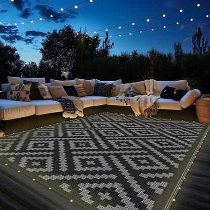 GENIMO Outdoor Rug with LED Strip Lights, Reversible Plastic Straw Rugs by GENIMO
