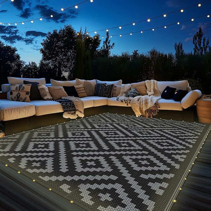 GENIMO Outdoor Rug with LED Strip Lights, Reversible Plastic Straw Rugs by GENIMO