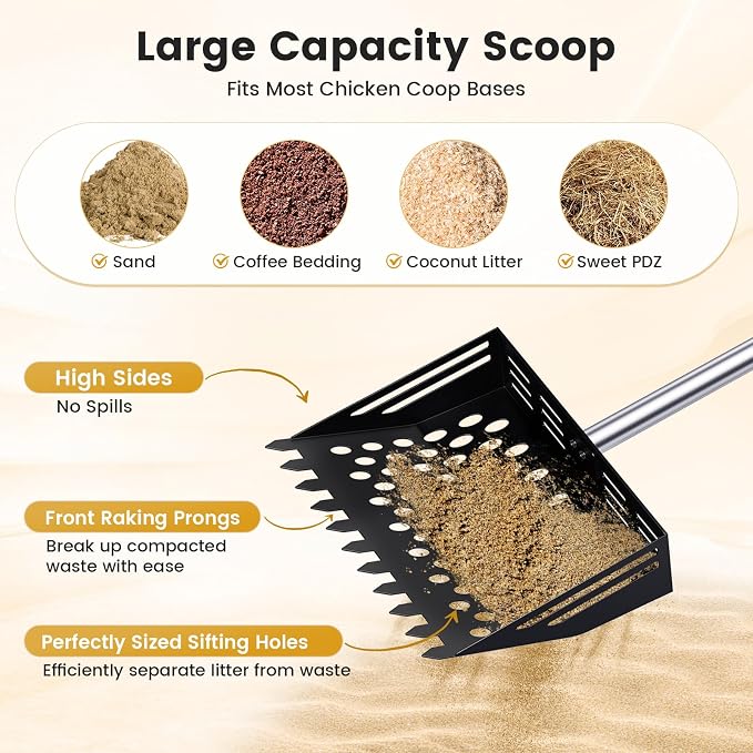 Chicken Poop Scooper and Rake, 2-in-1 Metal Sand Sifting Shovel - Image 8