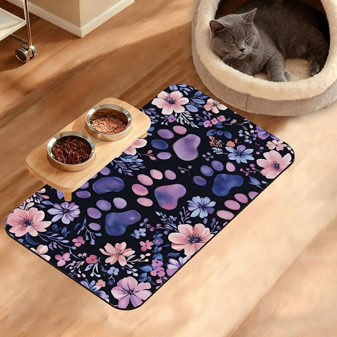 Paw Print Dog Food Mat, Watercolor Flower Absorbent Pet Feeding Mat by Unknown