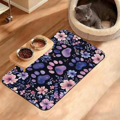 Paw Print Dog Food Mat, Watercolor Flower Absorbent Pet Feeding Mat by Unknown