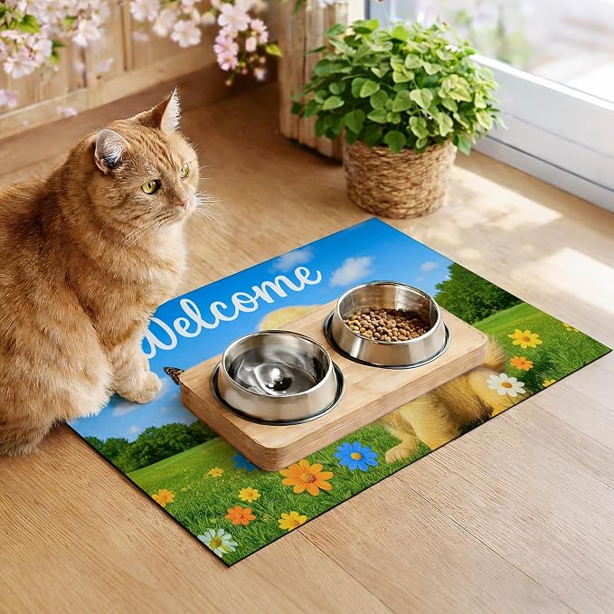 Welcome Spring Pet Feeding Mat 24" x 16" Non Slip Dog and Cat Food Mat Easy - Image 3