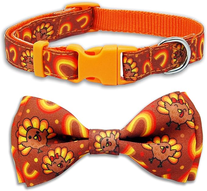 Thanksgiving Dog Collar with Bow Tie Set, Holiday Turkey Pattern Pet Collar by PohshidoPet