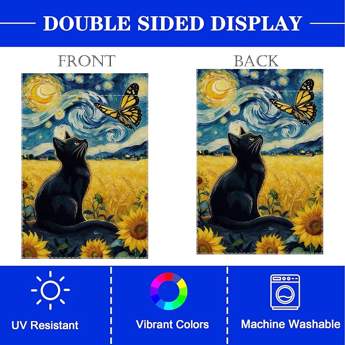 Spring Summer Garden Flag Van Gogh Starry Night Black Cat Banner - Image 5