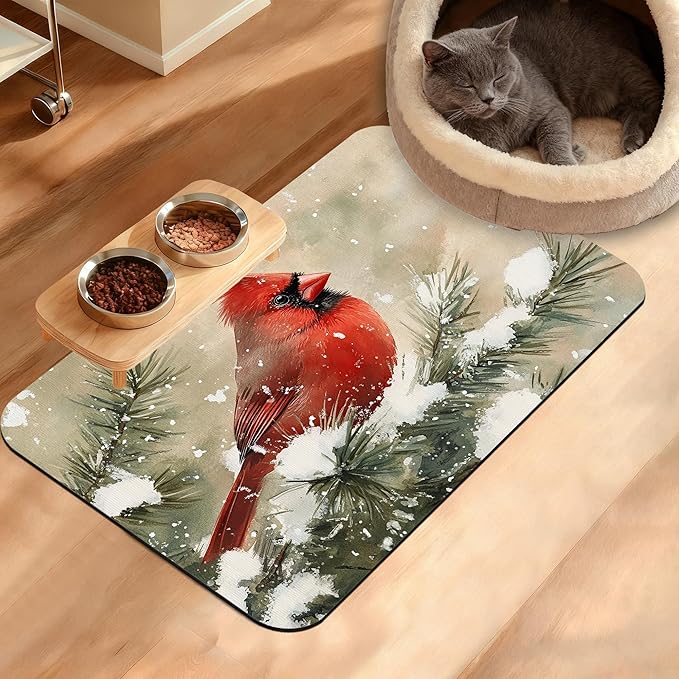 Pet Feeding Mat, Cardinal Bird Absorbent Dog Cat Food Mat Christmas Dog Mat by Unknown