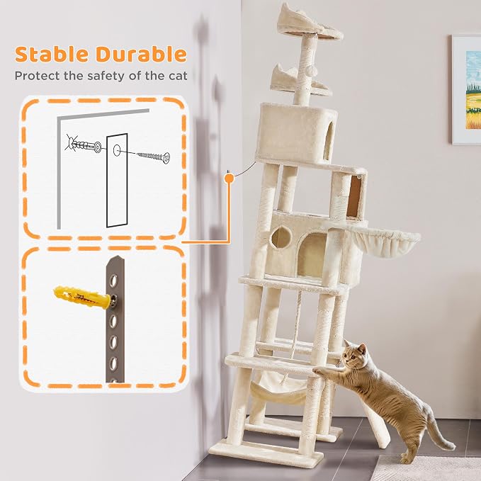 Yaheetech Cat Tree, 82.5in Large Tower w/Hammock, 2 Kitty-Ear Perches, 2 Cozy - Image 8