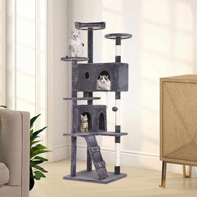 70 Inch Light Gray Cat Tree, Tall Cat Tower by GINMAON