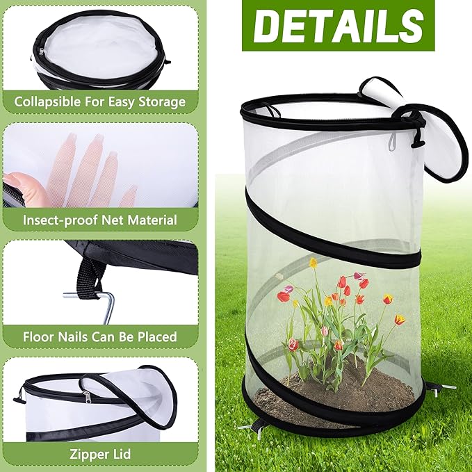 4 Pcs Pop Up Insect Barrier Plant Cover Net, 19.6" x 11.8" Round Foldable Plant - Image 3