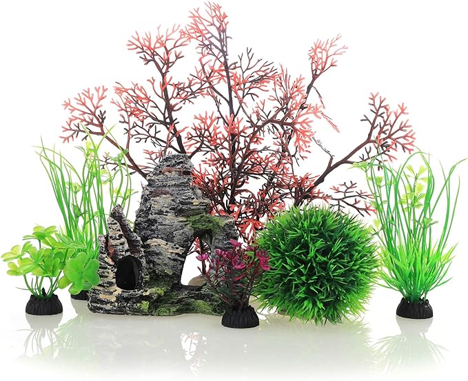 JIH Aquarium Fish Tank Plastic Plants and Cave Rock Decorations Decor Set 7 by JIH