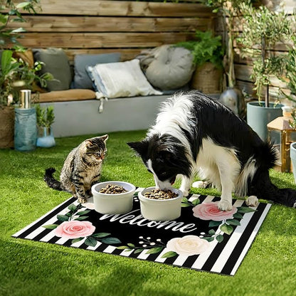Pet Feeding Mat 24" x 16" Floral Stripe Welcome Design Non Slip Dog Food Mat - Image 9