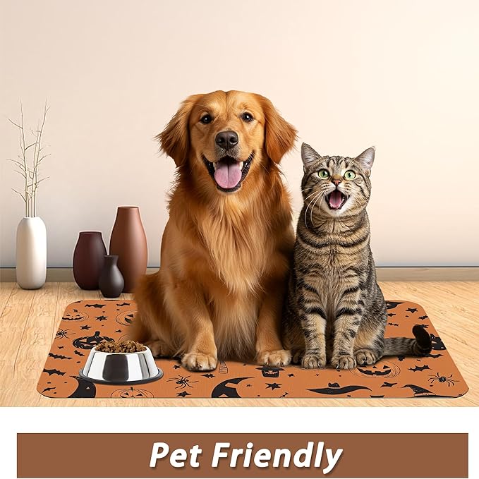 Halloween Dog Food Mat for Floors, Pumpkin Bat Absorbent Quick-Dry Pet Feeding - Image 6