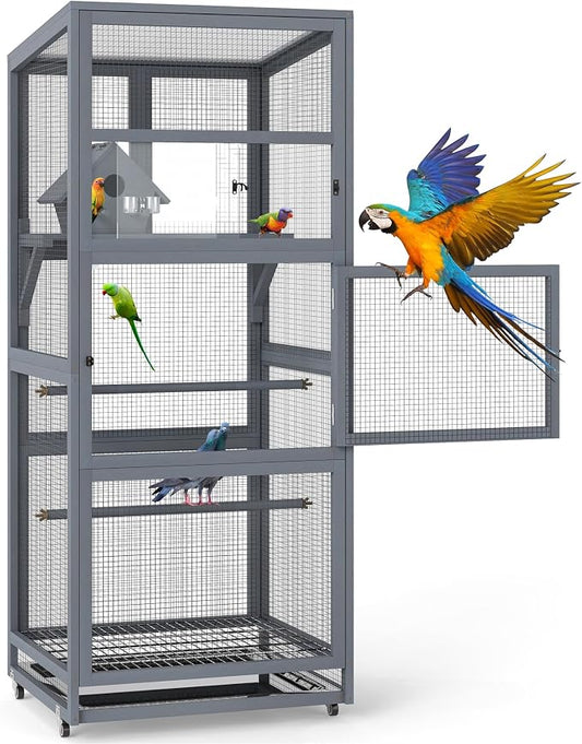 Coziwow 68" H Large Wood Bird Cage on Wheels, Outdoor Bird Aviary Indoor Wooden by COZIWOW