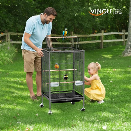 VINGLI Bird Cage with Wheels, Durable Wrought Iron Parakeet Cage with Slide Out - Image 2