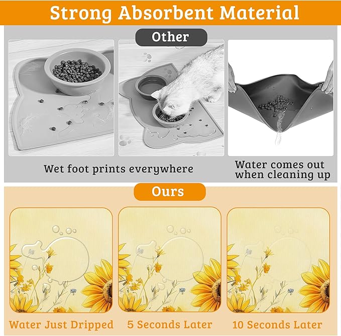 Yellow Floral Feeding Mat, Sunflower Absorbent Quick-Dry Cat Dog Food and Water - Image 3