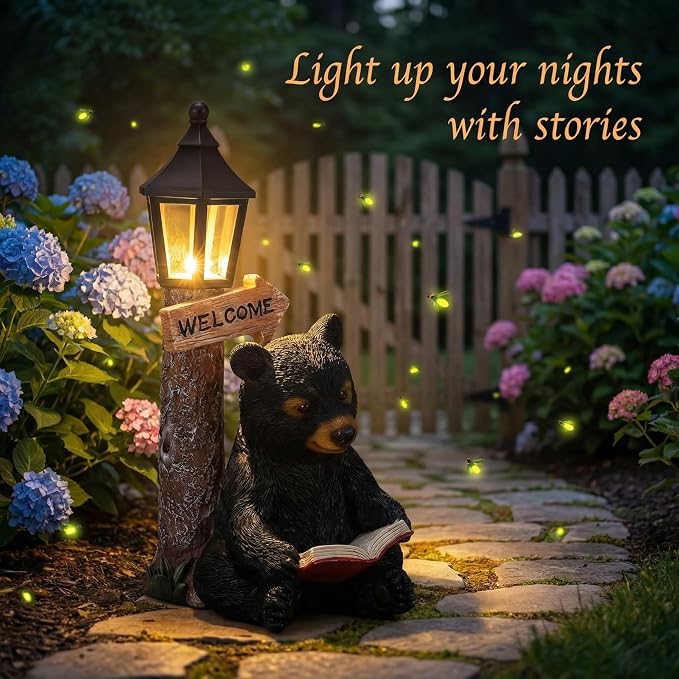 Lyeasw Garden Statues Bears, Solar Reading Bear Statue - Image 5