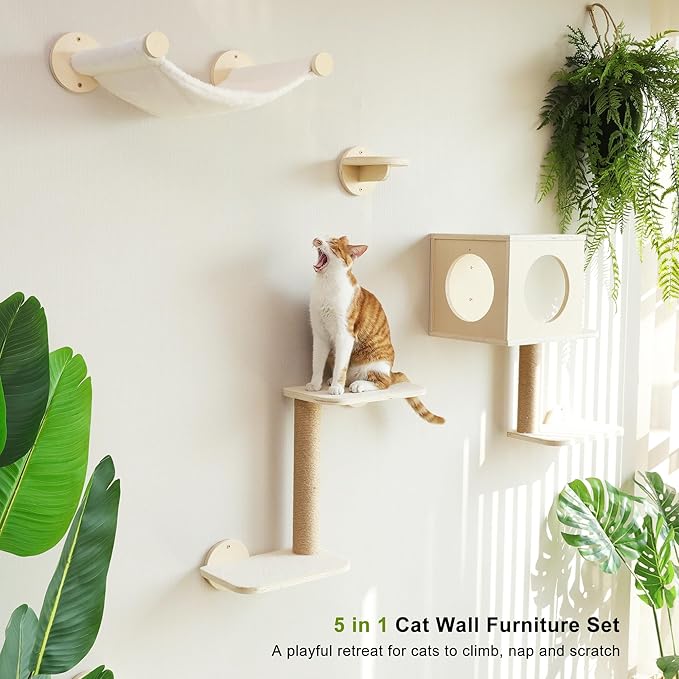 FUKUMARU Cat Wall Shelves, 5-Piece Stable Wooden Wall-Mounted Furniture Set - Image 3