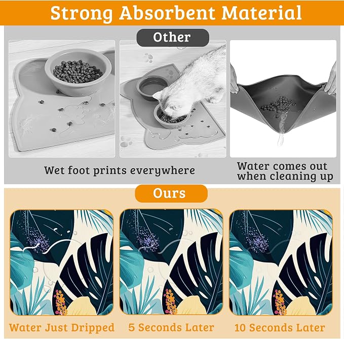 Tropical Palm Dog Food Mat, Exotic Leaves Floral Absorbent Pet Feeding Mat - Image 3