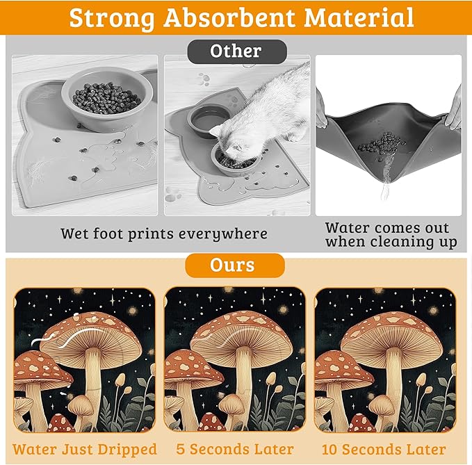 Fantasy Mushroom Dog Cat Food Mat, Butterfly Stars Absorbent Waterproof Placemat - Image 3