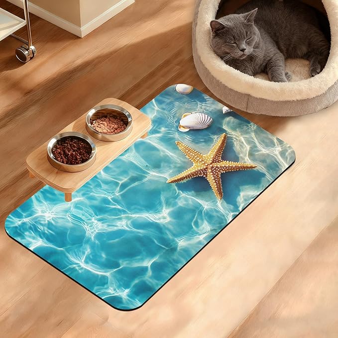 Starfish Shells Dog Cat Food Mat, Sea Beach Absorbent Waterproof Placemat by Unknown