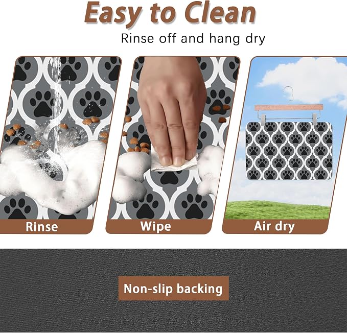 Gray Paw Print Geometric Dog Cat Food Mat, Absorbent Pet Feeding Mat - Image 4