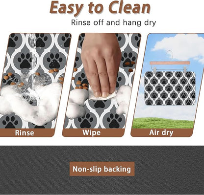 Gray Paw Print Geometric Dog Cat Food Mat, Absorbent Pet Feeding Mat - Image 4