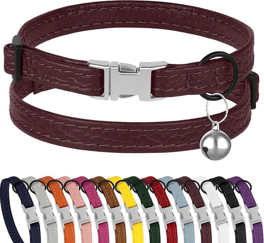 Leather Cat Collar with Buckle and Removable Bell by BUDKAS
