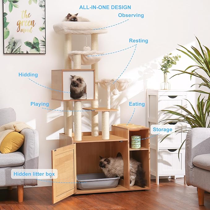 Hey-brother Cat Tree with Litter Box Enclosure, Modern Cat Tower - Image 2