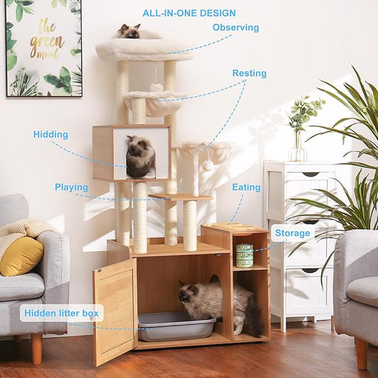 Hey-brother Cat Tree with Litter Box Enclosure, Modern Cat Tower - Image 2