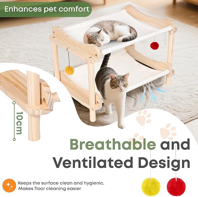 2-Layer Cat Hammock Bed, Breathable Washable Covers, Wooden Pet Furniture - Image 3