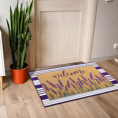 Tinideya 2 Pcs Lavender Door Mat Purple and White Stripe Welcome Non Slip Coir - Image 4